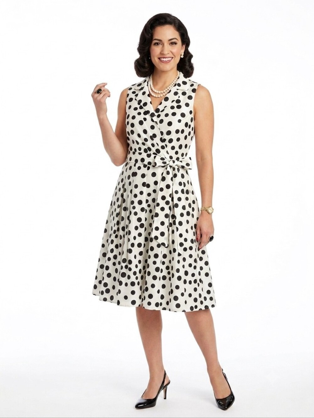 Jessica Howard Polka Dot Wrap Dress Sleeveless Belted Retro White Black Size 10